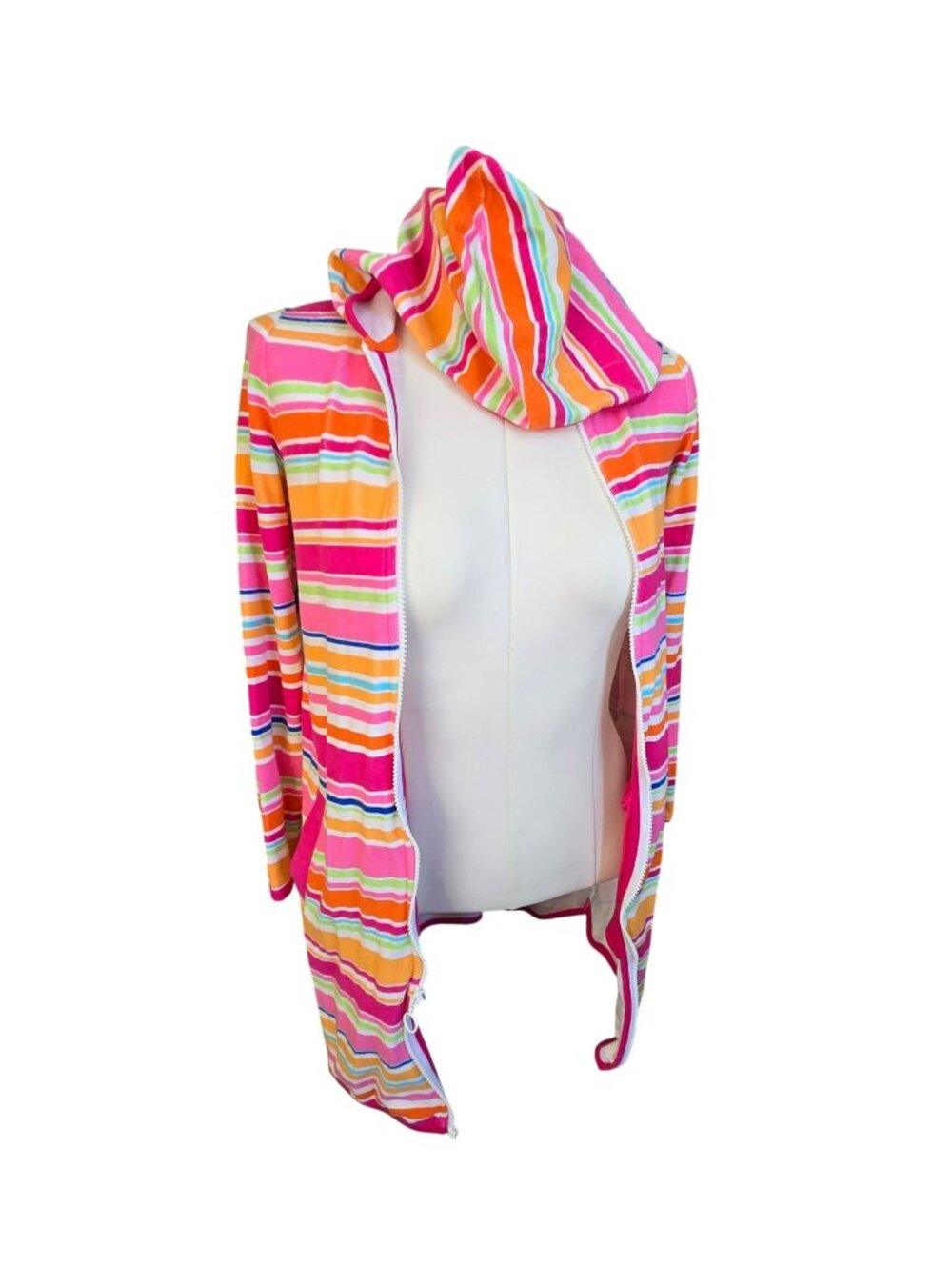 Striped Lands End Hooded Zip-Up Swim Cover-Up Jacket Med Girls Multicolor JJ4356